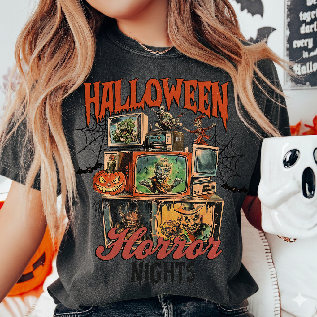 Vintage Washed Retro Horror Nights Tee Tops Men Women Skeleton Print T-Shirt 100% Cotton T Shirt